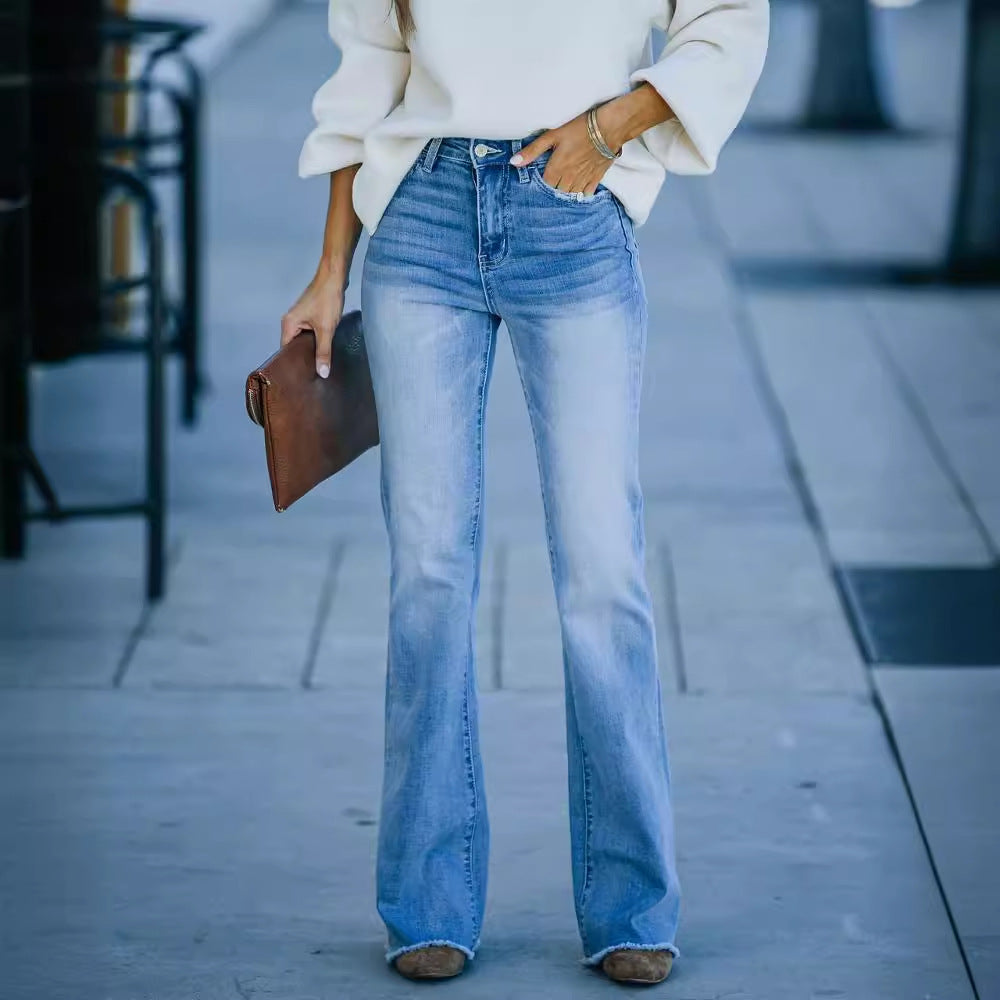 Jeans bootcut à taille haute et à ourlet effiloché pour femmes à coupe large Chic & Stil