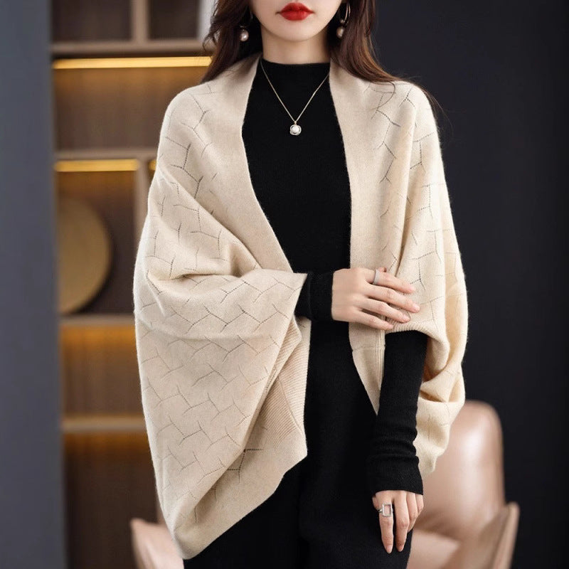 Ladies Large Knit Poncho with Modern Chic Roman Pattern and Style