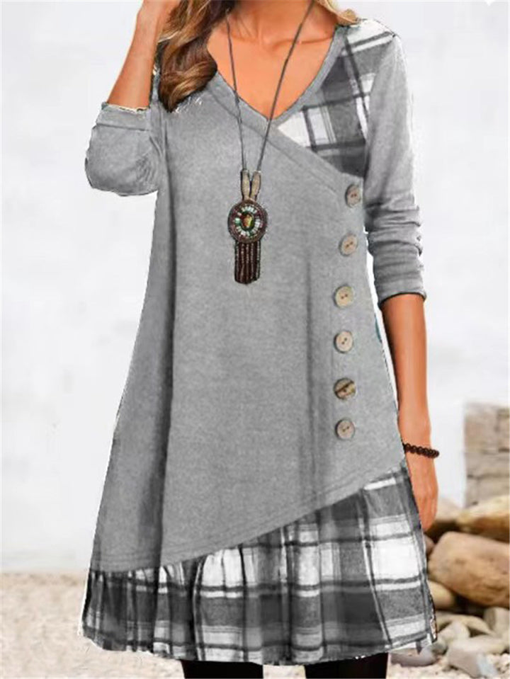 Asymmetrical casual dress for women with checkered hem and button detail Lune London