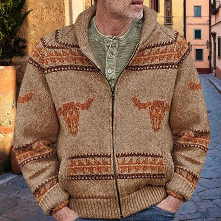 Sweater jacket for men with a unique Far West pattern and a warm lining Lune London
