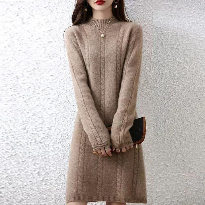 Ladies' knitted dress with elegant braid design and high collar Lune London