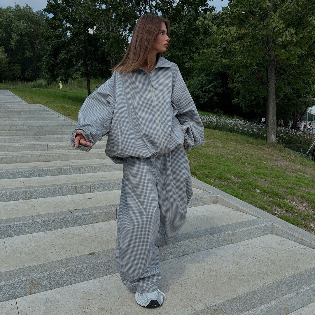 Ladies Oversized Checkered Pattern Tracksuit Lune London