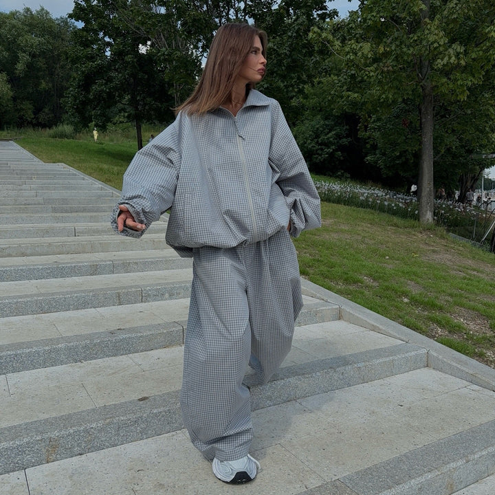 Ladies Oversized Checkered Pattern Tracksuit Lune London