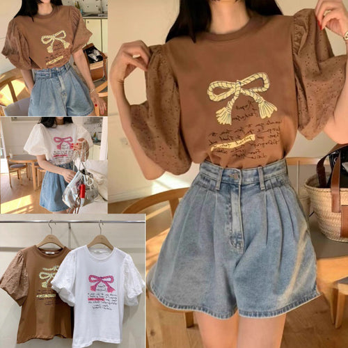 Lune London women's puff sleeve graphic tee set and high waisted denim shorts