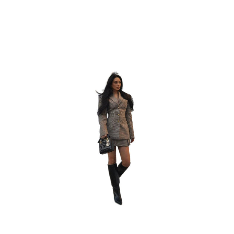 Ladies Elegant Checked Blazer Jacket with Textured Design Lune London