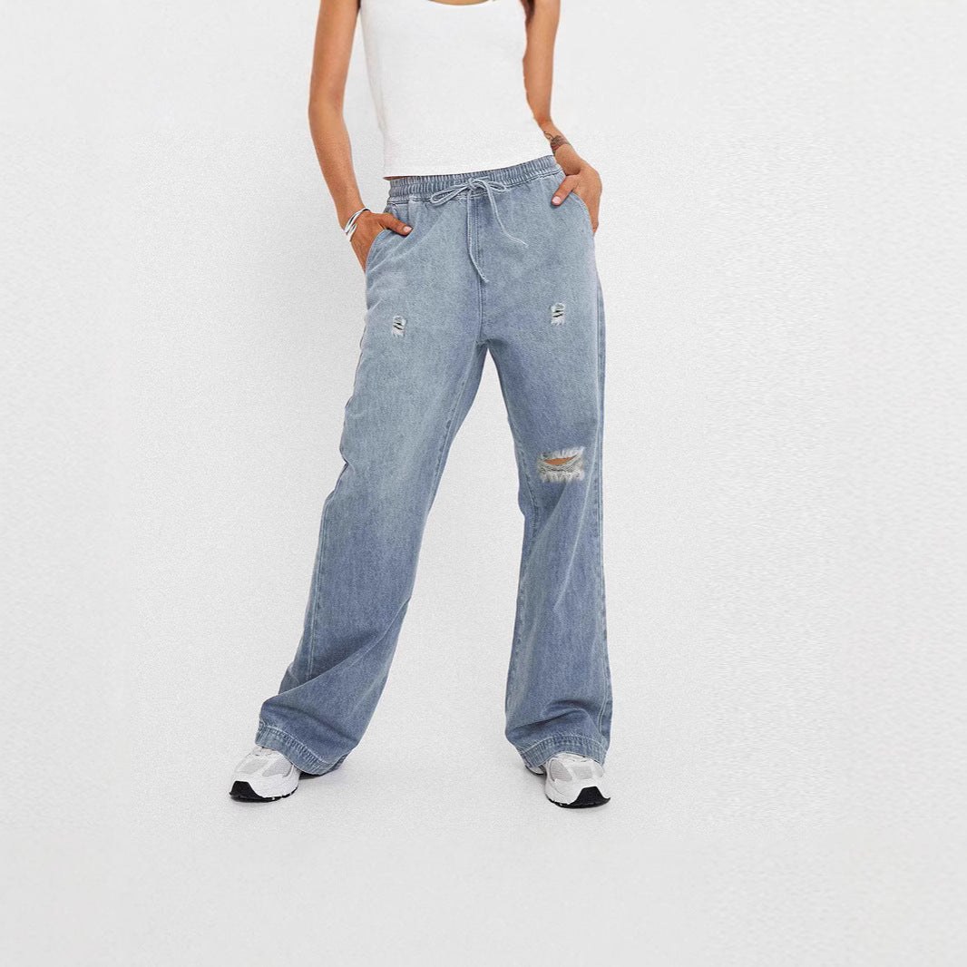 Women's Casual Loose Denim Pants with Elastic Waist Lune London
