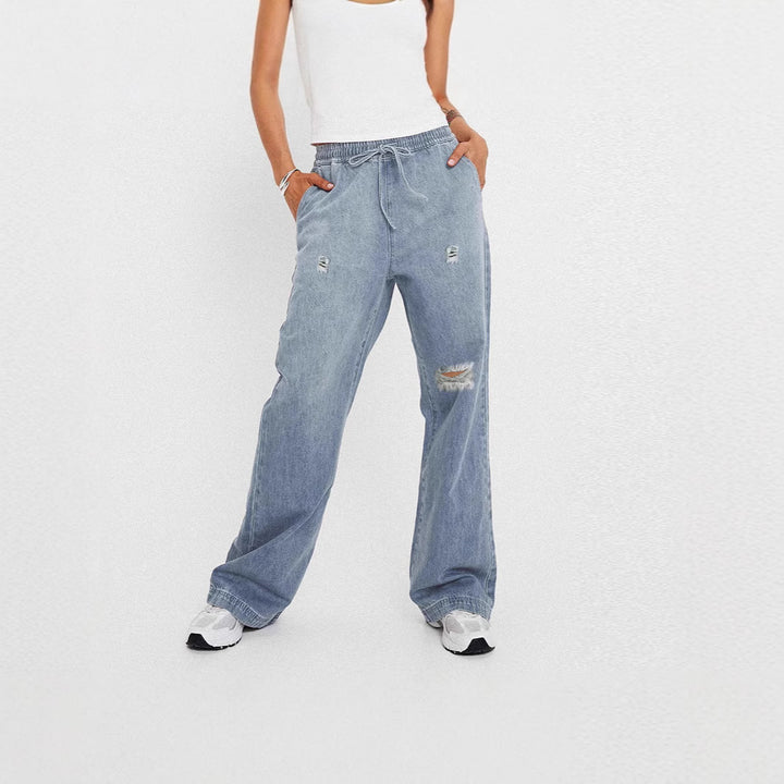 Women's Casual Loose Denim Pants with Elastic Waist Lune London