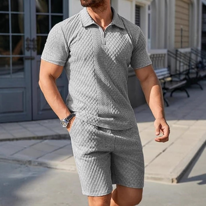 Trendy short polo shirt for men with imbued structure design and matching shorts Lune London