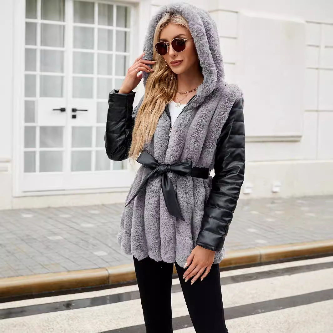Reversible women's jacket with hood and faux fur belt Lune London