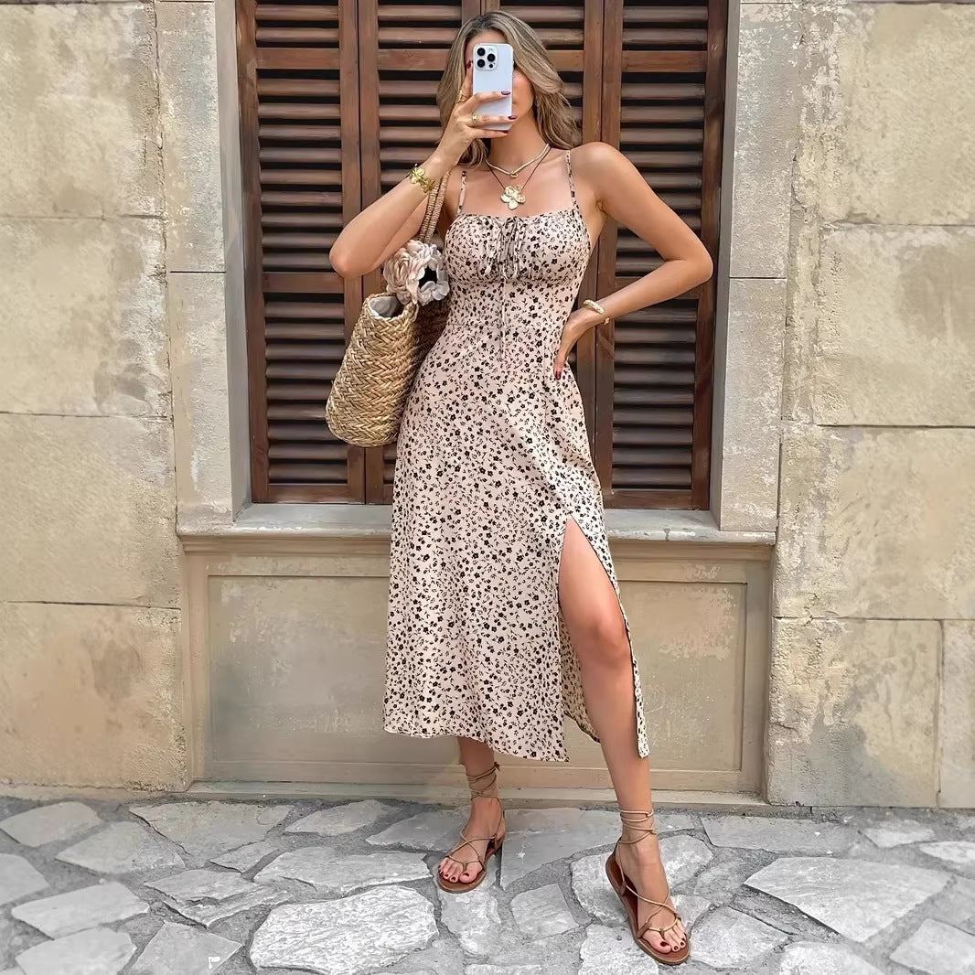 Women's summer maxi dress with adjustable spaghetti straps and side slit Lune London