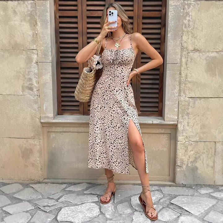 Women's summer maxi dress with adjustable spaghetti straps and side slit Lune London