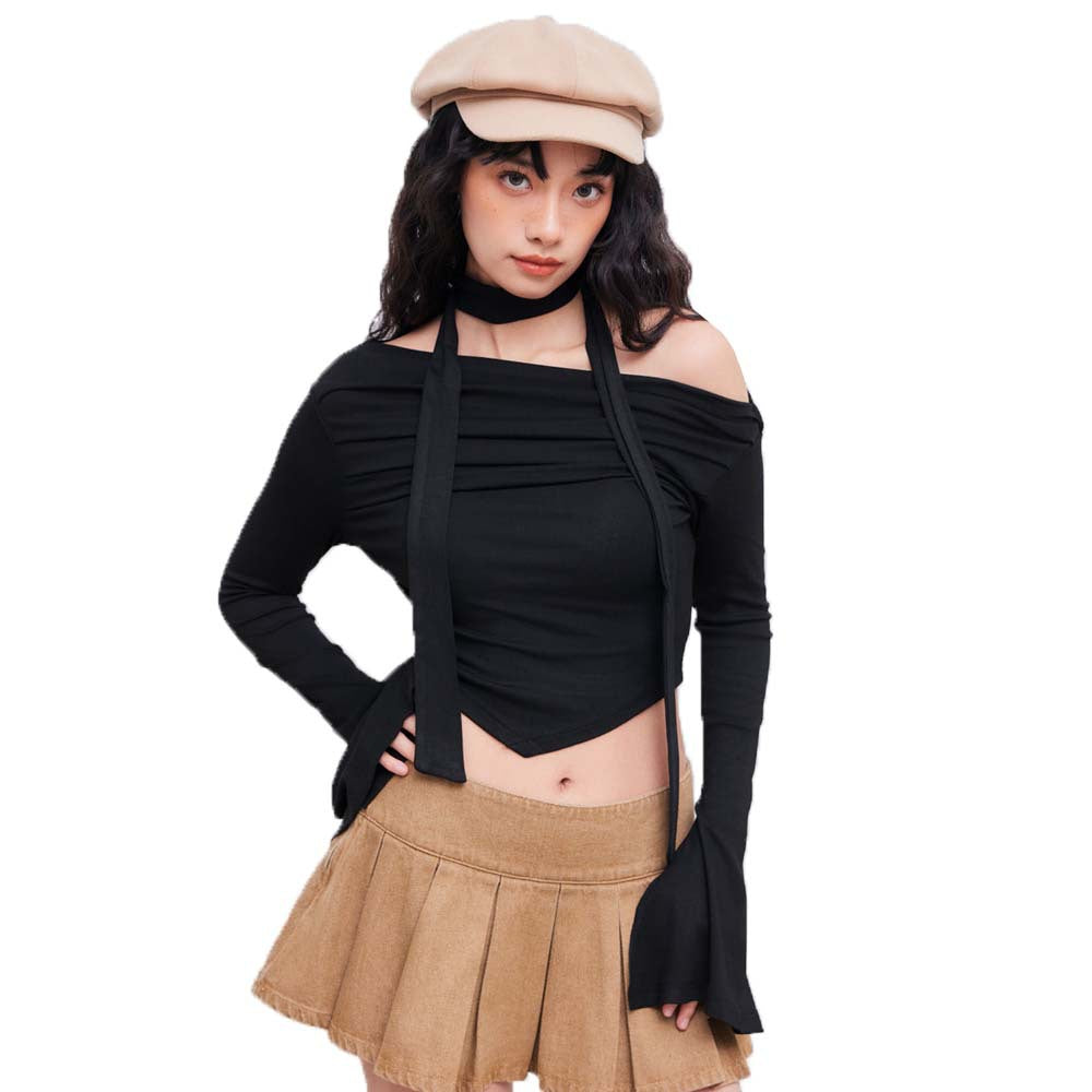 Short top for women with asymmetrical halter design and elegant draping Chic & Stil