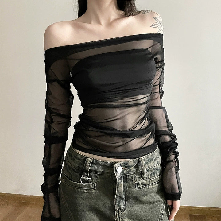 Ladies Elegant Long Sleeve Top with Transparent Mesh and Ruching Lune London