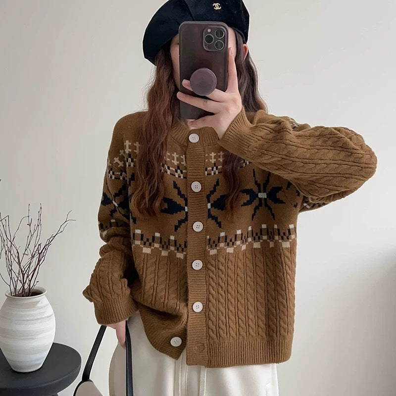 Womens knit jacket with folk pattern and high-quality braid structure Lune London