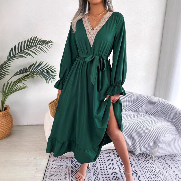 Ladies Elegant V-neck Maxi Dress with Ruffled Hem Lune London