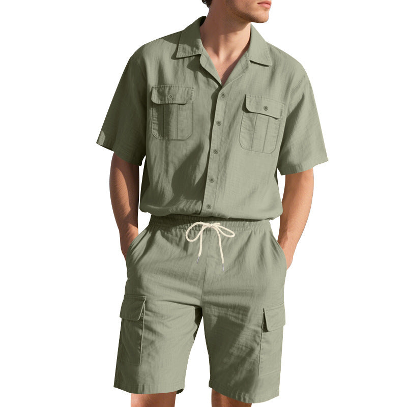 H men's casual short sleeve shirt and chic cargo shorts outfit