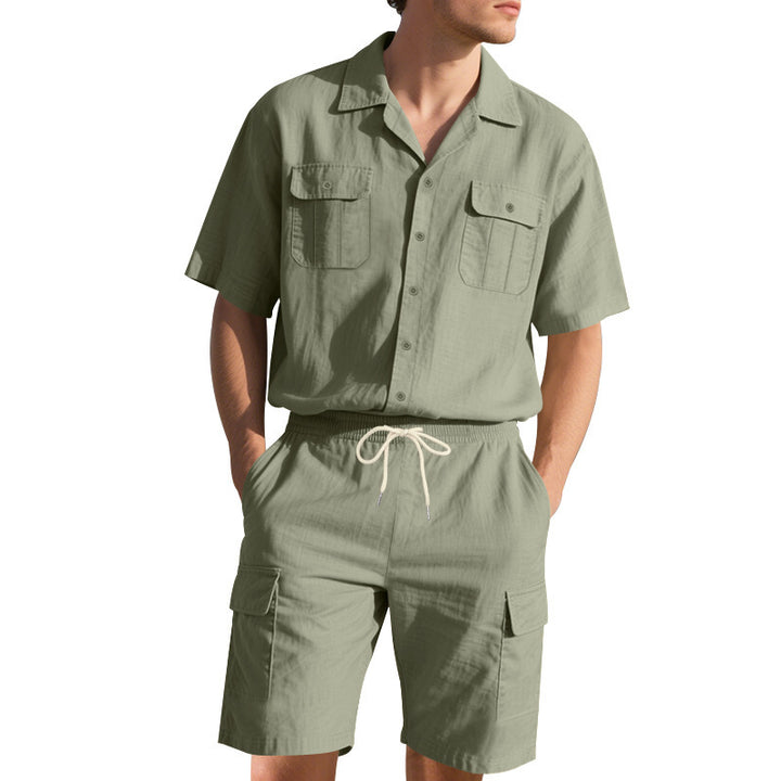 H men's casual short sleeve shirt and chic cargo shorts outfit