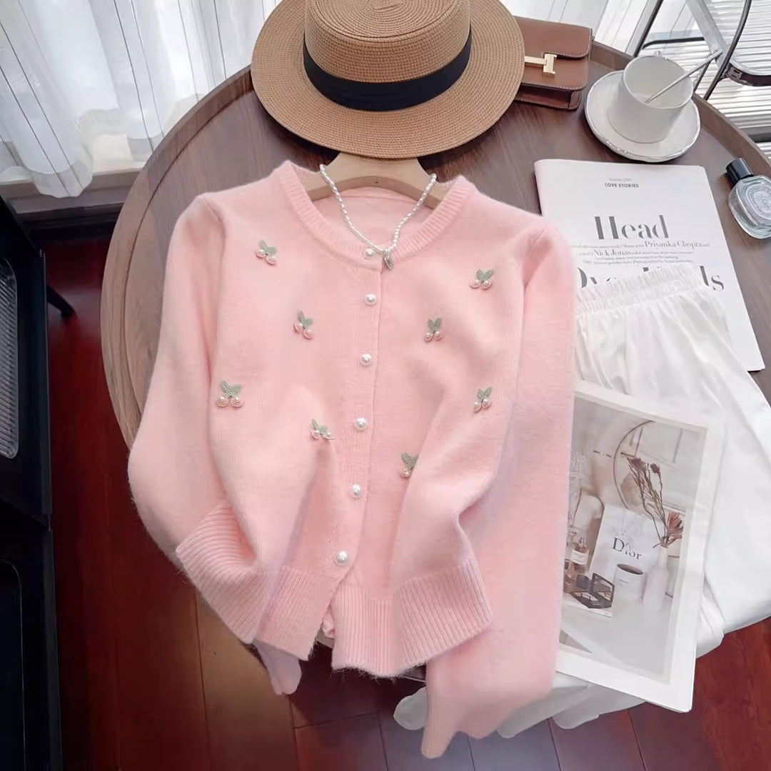 Knit jacket for women with floral embroidery and pearl buttons Lune London