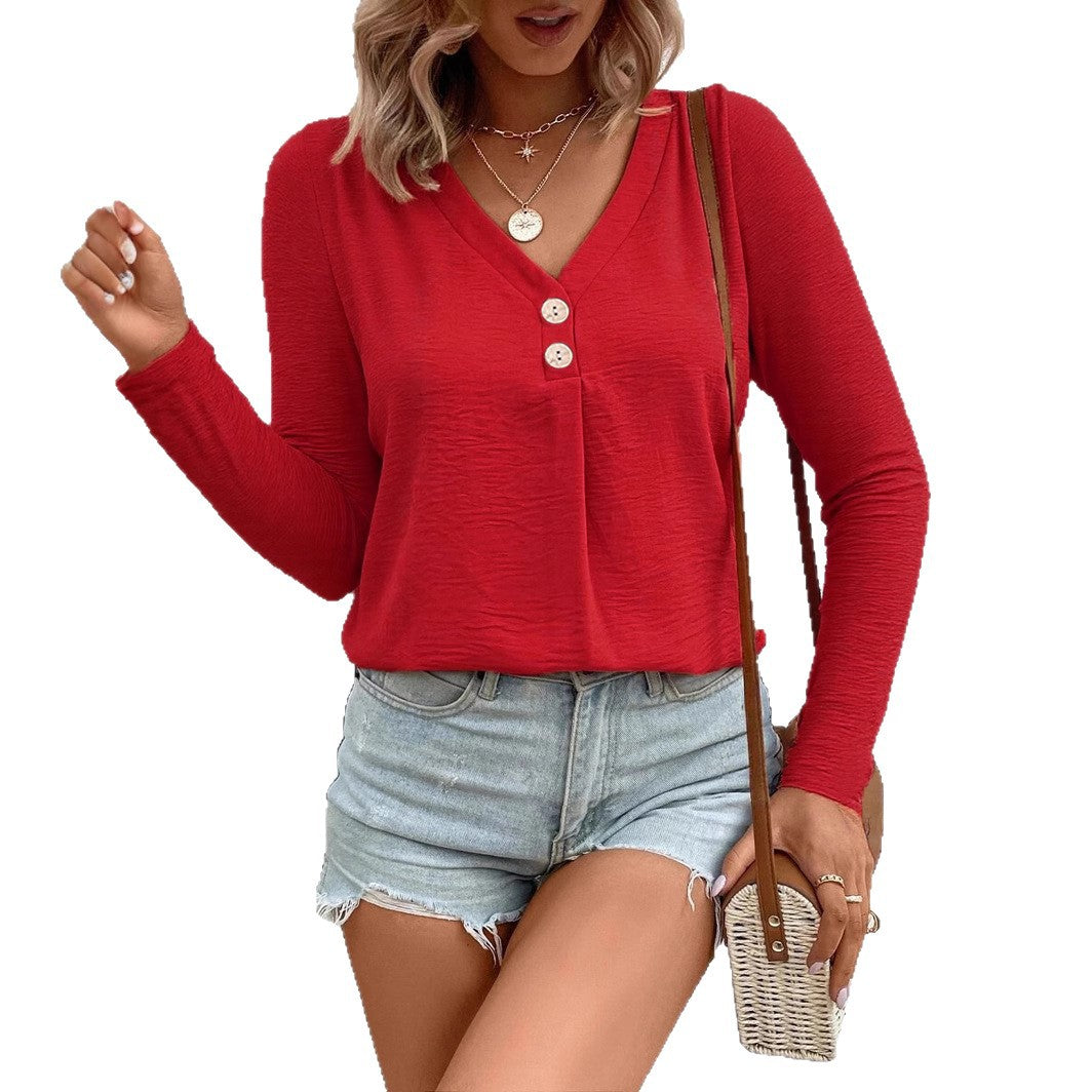 Women’s long sleeve T-shirt with a split V-neck and decorative buttons Lune London