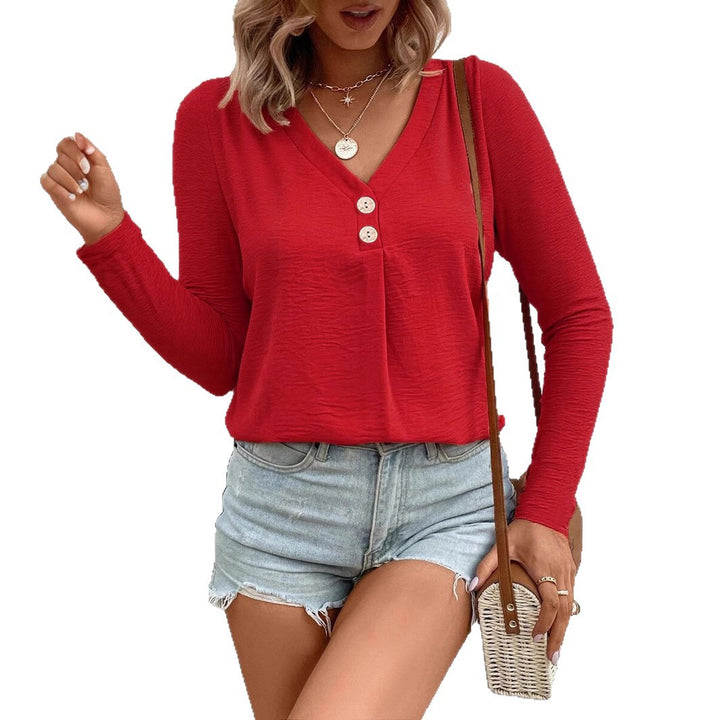 Women’s long sleeve T-shirt with a split V-neck and decorative buttons Lune London