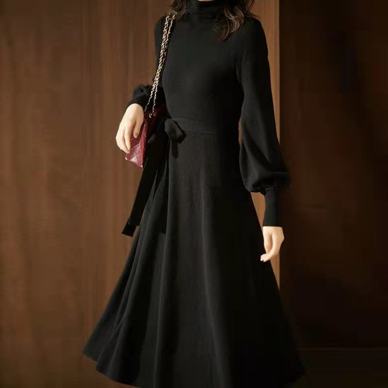Knitted dress for women with high collar and belt at the waist Lune London