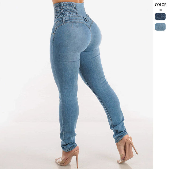 Women High-Waisted Skinny Jeans with Decorative Button Details and Elastic Waistband