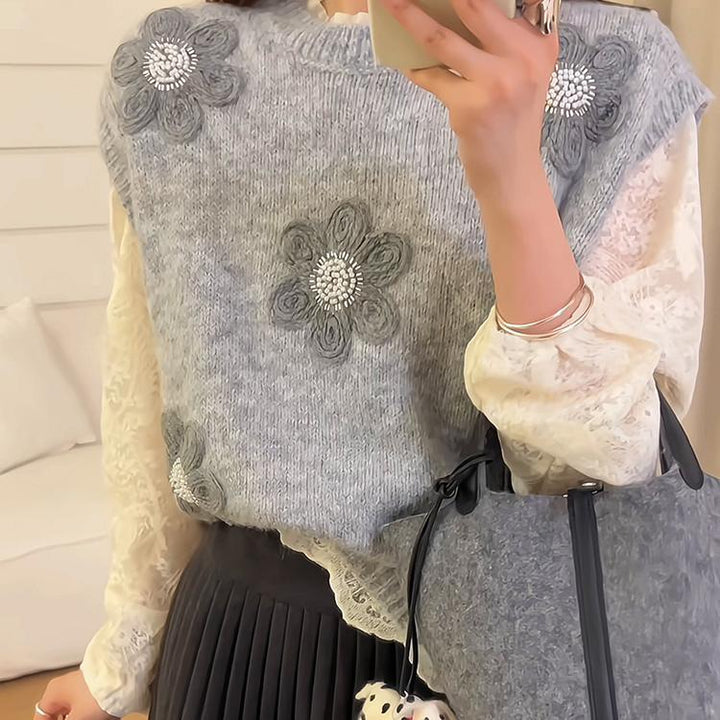 Pull en tricot pour femmes avec des appliqués floraux 3D Chic & Stil