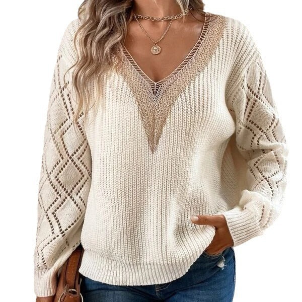 Knitted sweater for women with V-neck and mesh details Lune London