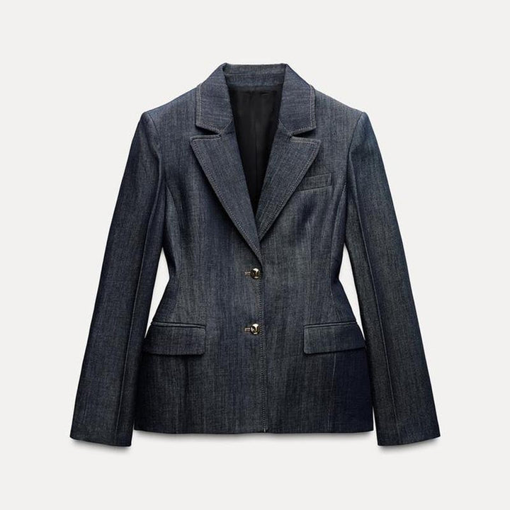 Modern women’s denim blazer with a fitted cut and practical pockets Lune London