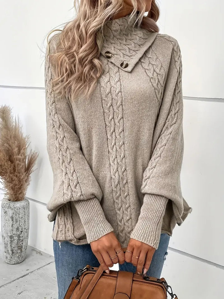 Wool sweater for women with high collar and cable knit pattern Lune London