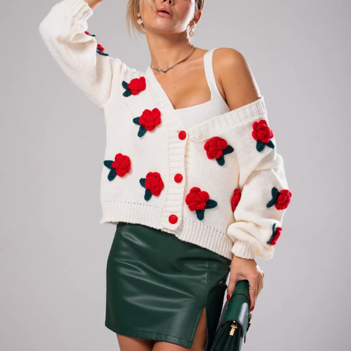 Ladies Cozy Wool Sweater with Floral Applications and Oversized Cut Lune London