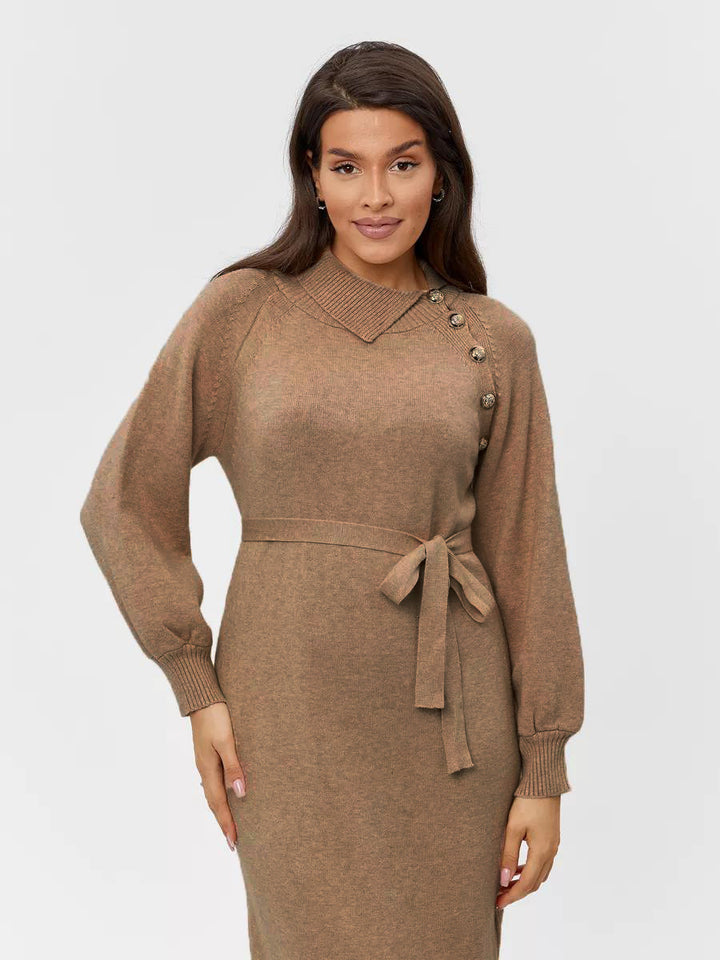 Knit dress for women with fitted belt and decorative button details Lune London