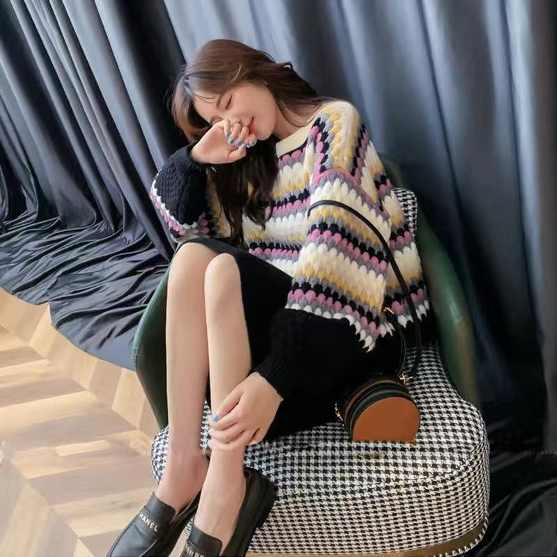 Pull tricoté confortable pour femmes avec un motif de blocs colorés et des manches volumineuses Chic & Stil