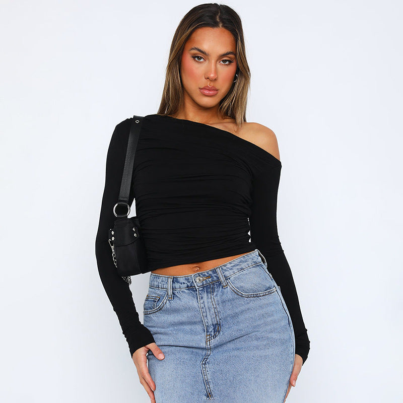 Stylish oversized shirt for women with offset collar and gathers Lune London