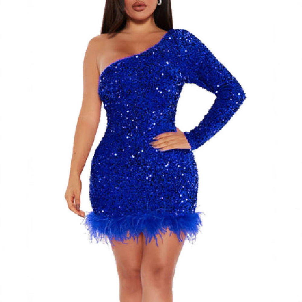 Women's Sparkling Party Dress with Asymmetric Cut and Feather Details Lune London