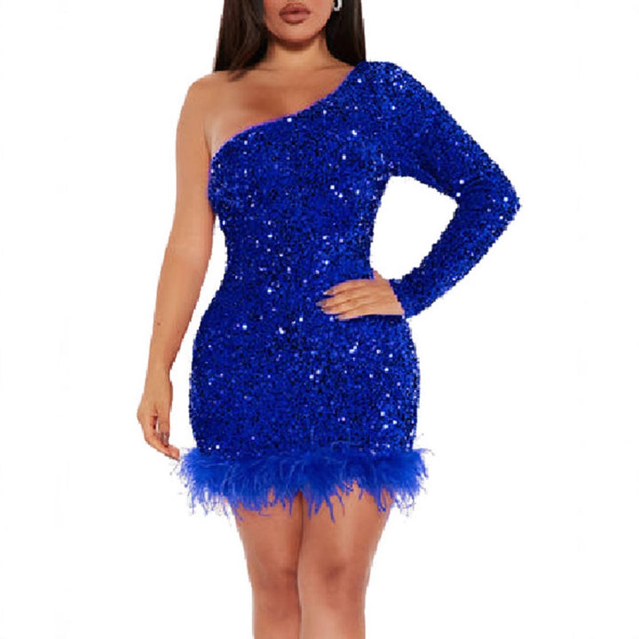 Women's Sparkling Party Dress with Asymmetric Cut and Feather Details Lune London