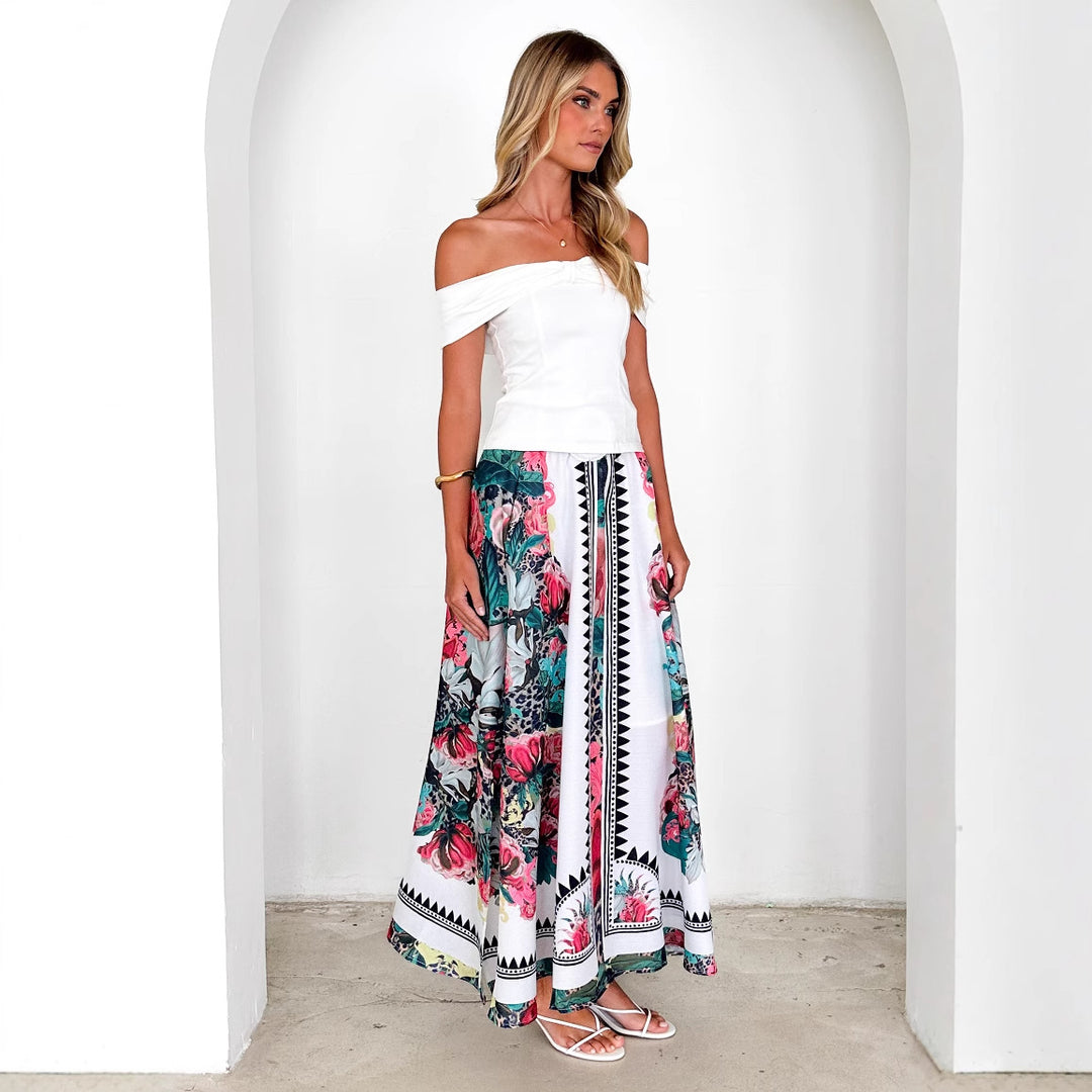 Maxi skirt for women with floral pattern and belt at the waist Lune London