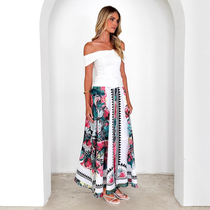 Maxi skirt for women with floral pattern and belt at the waist Lune London