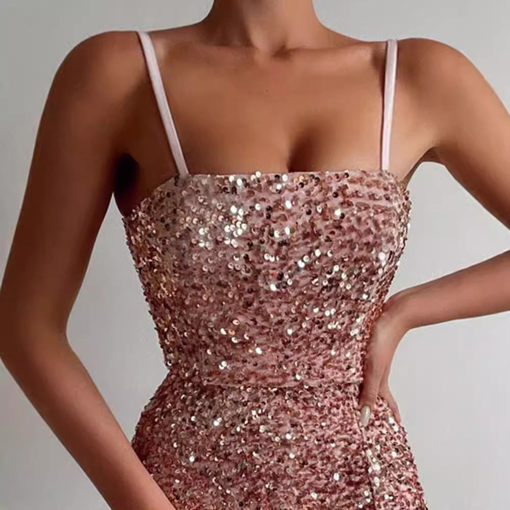 Women's Sparkling Mini Dress with Off-Shoulder Design and Side Slit Lune London