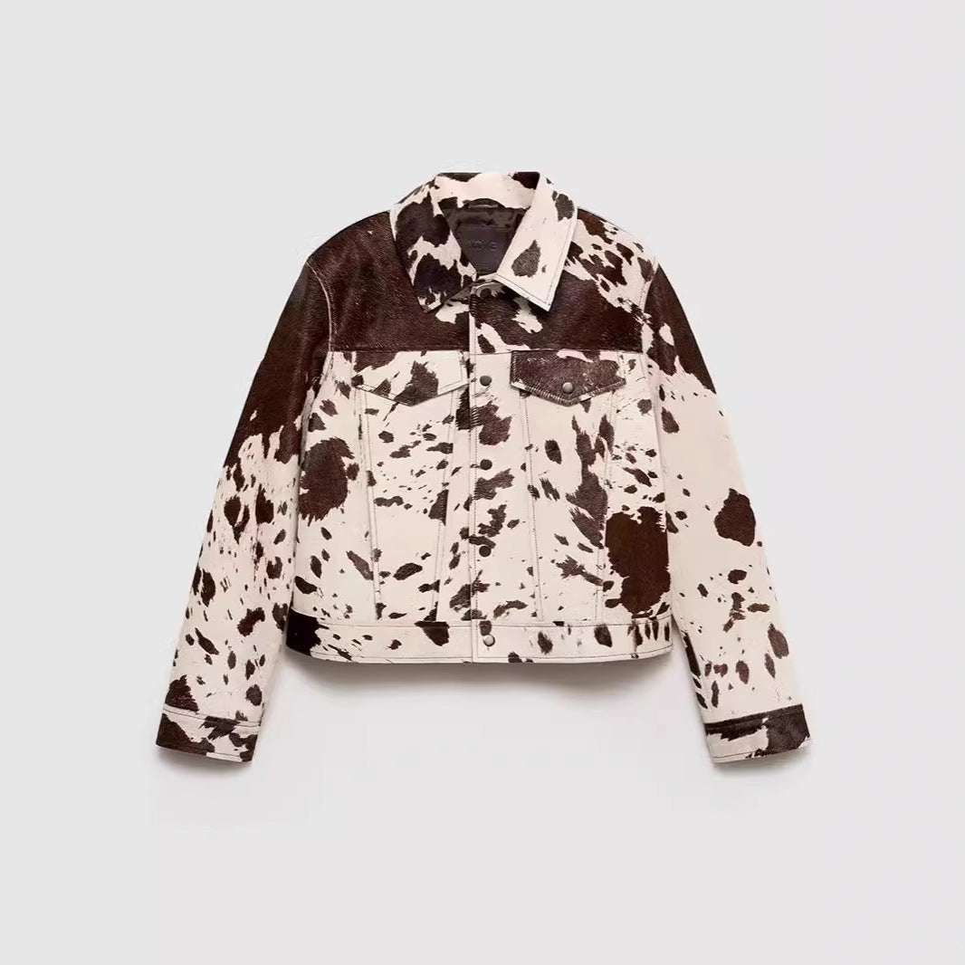 Sheepskin fashion jacket for women with striking animal pattern Lune London