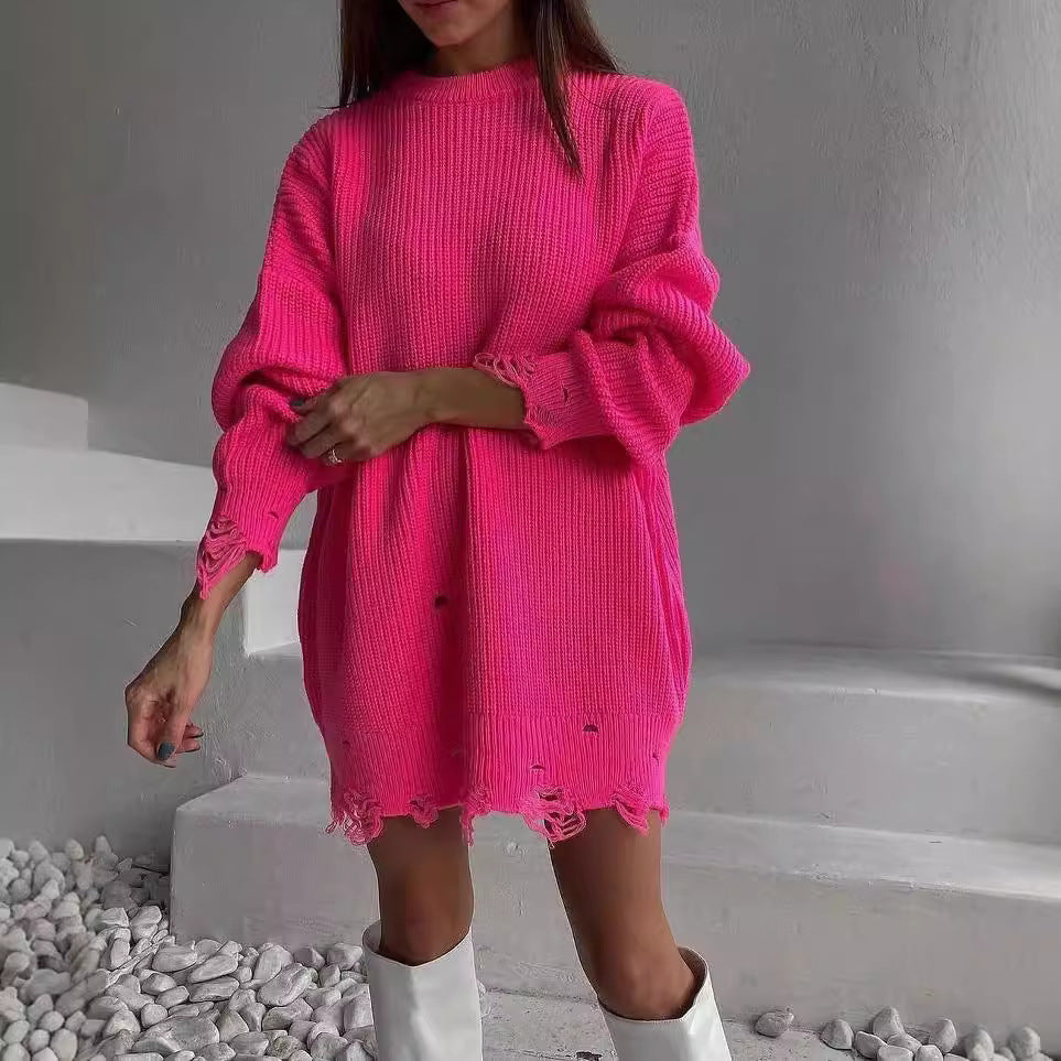 Women Large knit sweater with torn hem Lune London