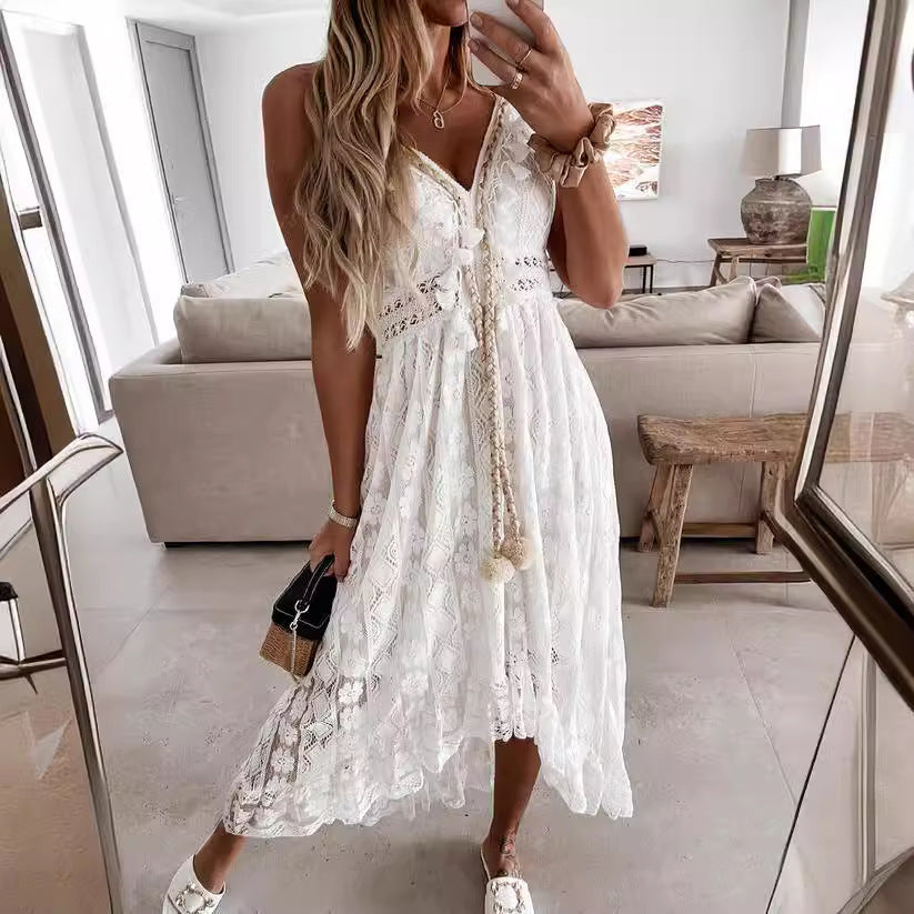 Maxi dress for women with a delicate lace pattern and playful details Lune London