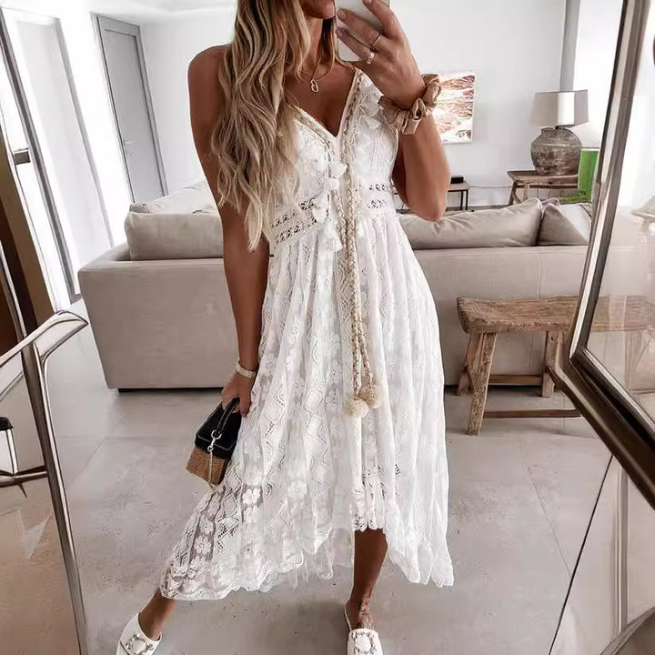 Maxi dress for women with a delicate lace pattern and playful details Lune London