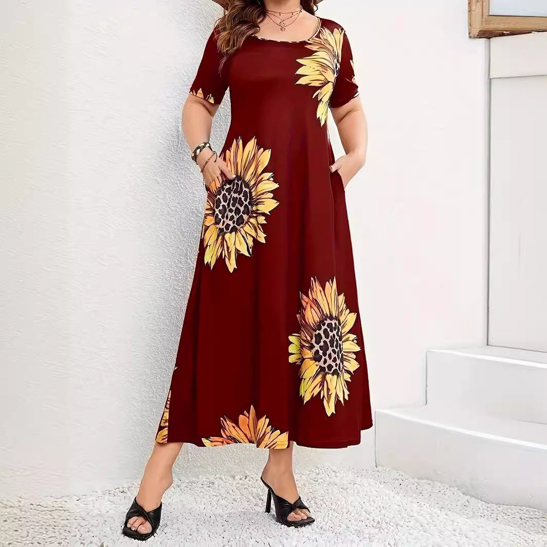Summer maxi dress for women with sunflower floral pattern and practical pockets Lune London
