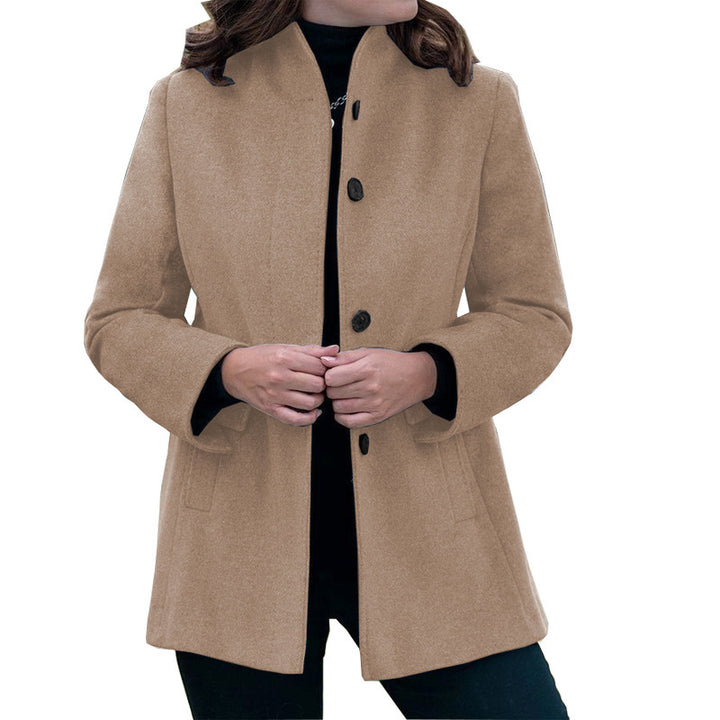 Women's stylish wool coat with modern high collar and practical pockets Lune London