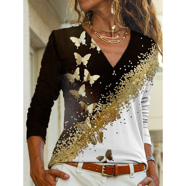 Lune London Women's Long Sleeve Floral Print V Neck Top
