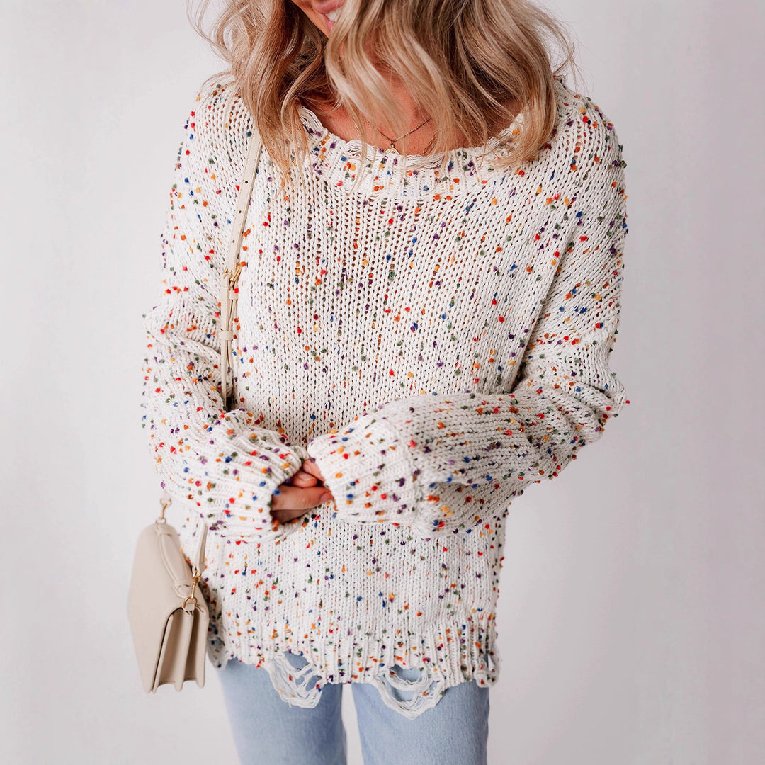 Casual knitted sweater for women with a colorful splatter design and a comfortable round neckline Lune London