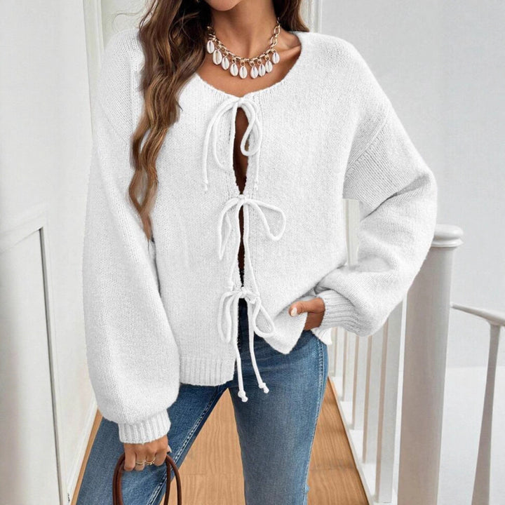 Comfortable knitted sweater for women with decorative lacing detail and wide sleeves Lune London