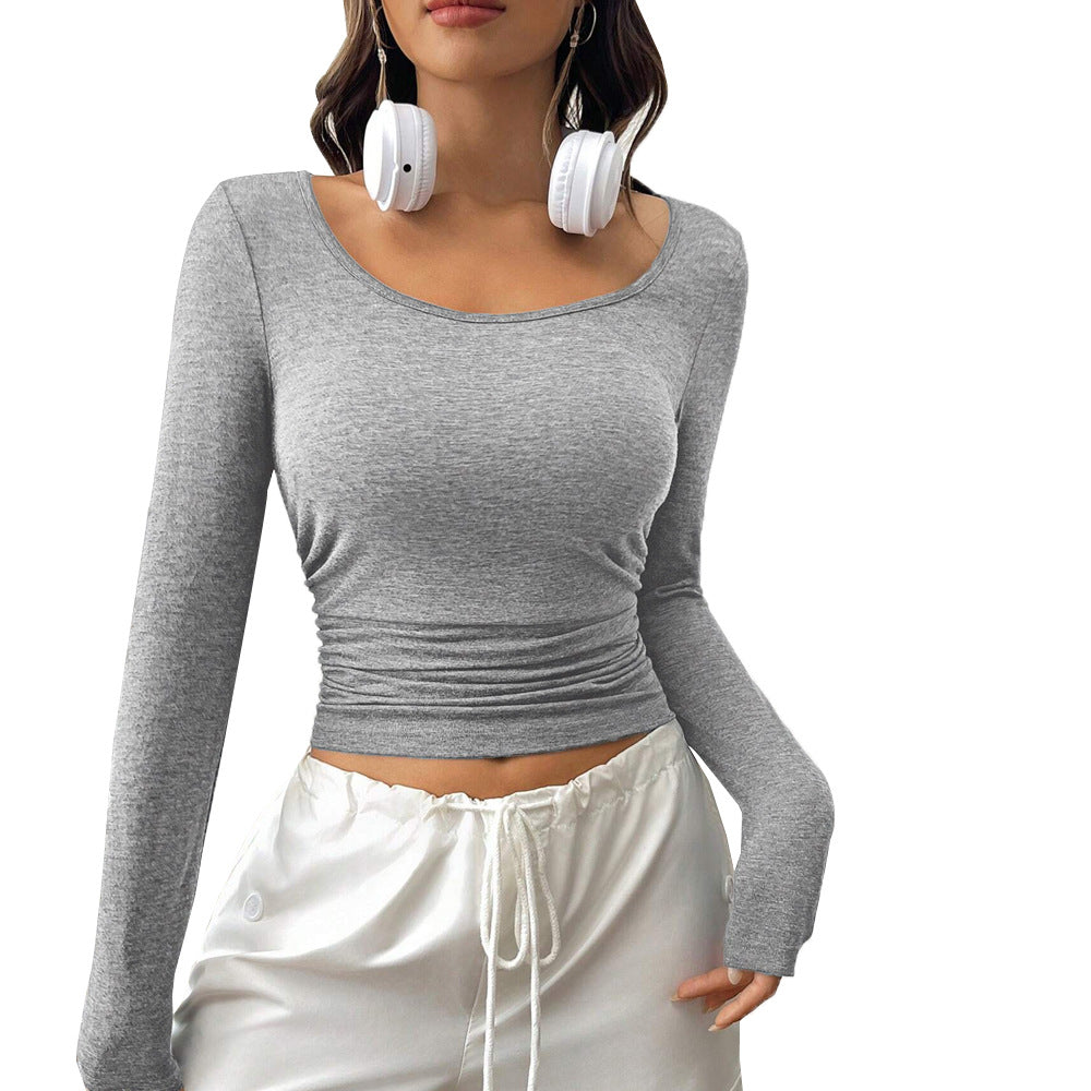 Chemise à manches longues cropped pour femmes avec une silhouette ajustée et des éléments de gathering tendance Chic & Stil