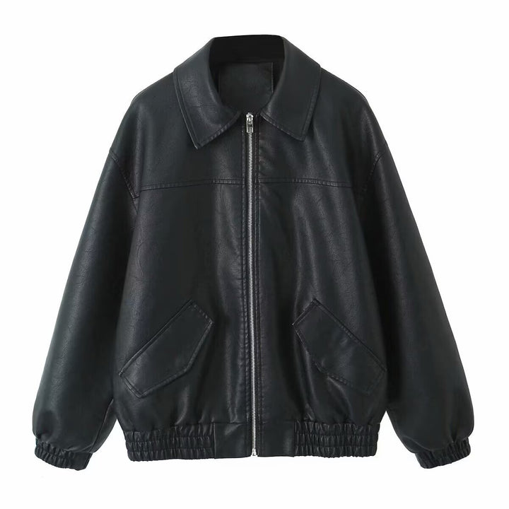 Casual leather jacket for women with elastic hem and practical pockets Lune London